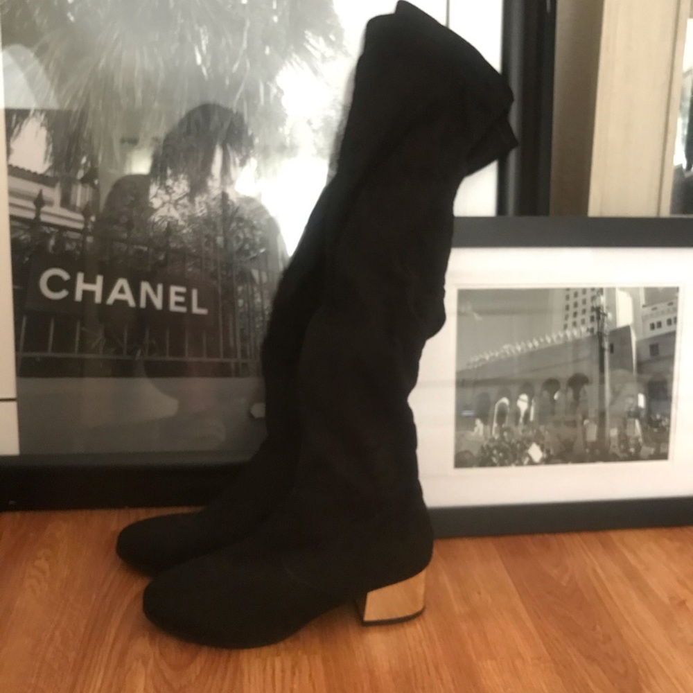 BRAND NEW over the knee black boots with gold heel